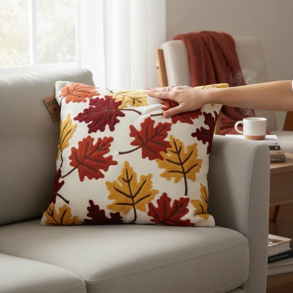 Devi Designs Throw Pillow Unisex OS Cream Brand New Embroidered Maple Leaf Fall